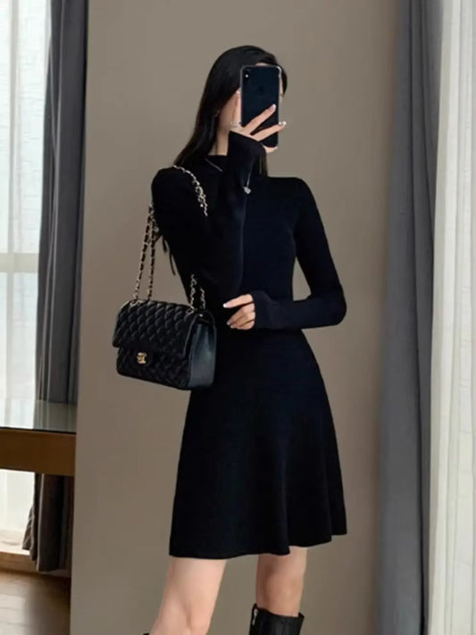 Mini Vestido de Malha em Linha A – Clássico Hepburn para Outono e Inverno