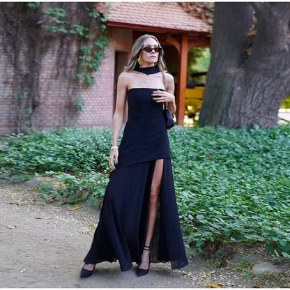Vestido Longo Feminino Sem Alças com Retalhos em Malha e Fenda – Primavera 2026