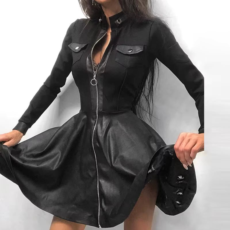 Vestido Mini Elegante com Gola Alta, Manga Comprida e Fecho de Correr