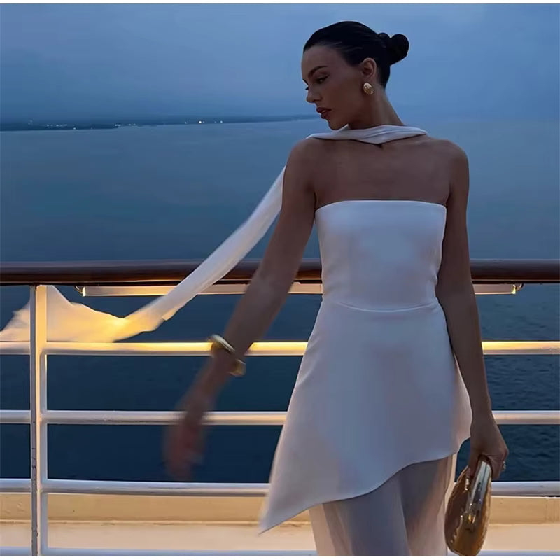 Vestido Longo Feminino Sem Alças com Retalhos em Malha e Fenda – Primavera 2026