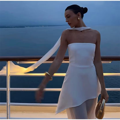 Vestido Longo Feminino Sem Alças com Retalhos em Malha e Fenda – Primavera 2026