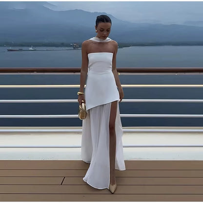 Vestido Longo Feminino Sem Alças com Retalhos em Malha e Fenda – Primavera 2026