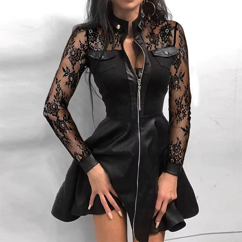 Vestido Mini Elegante com Gola Alta, Manga Comprida e Fecho de Correr