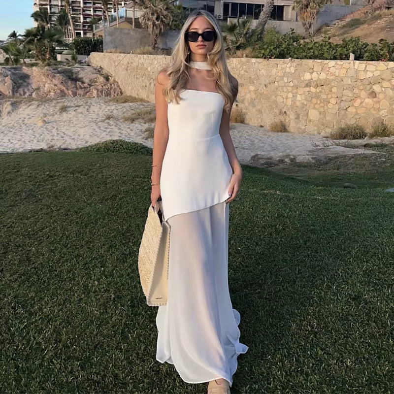 Vestido Longo Feminino Sem Alças com Retalhos em Malha e Fenda – Primavera 2026