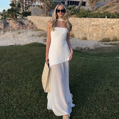 Vestido Longo Feminino Sem Alças com Retalhos em Malha e Fenda – Primavera 2026