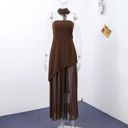 Vestido Longo Feminino Sem Alças com Retalhos em Malha e Fenda – Primavera 2026