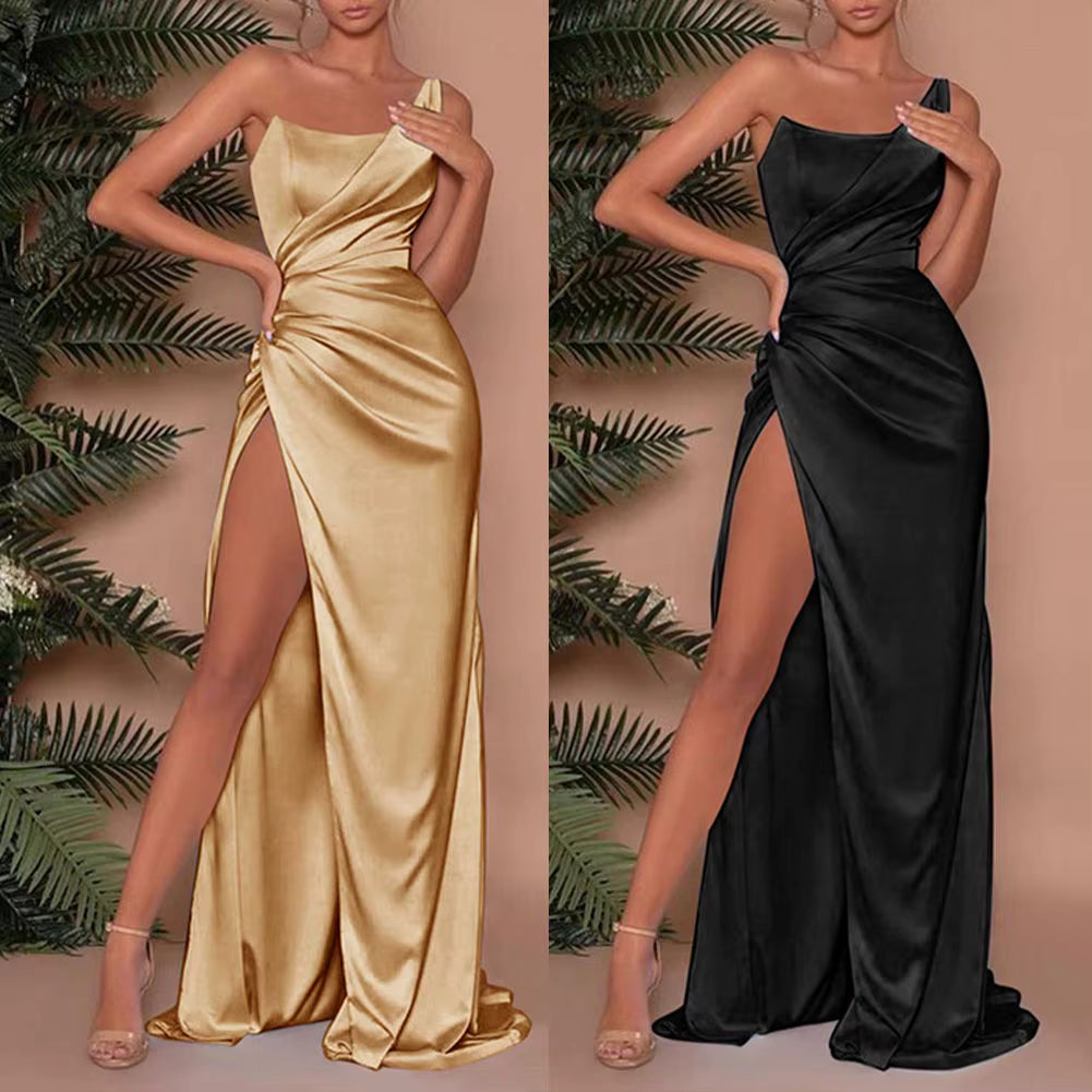 Vestido Longo Bodycon Fora do Ombro com Fenda Alta – Elegância Noturna