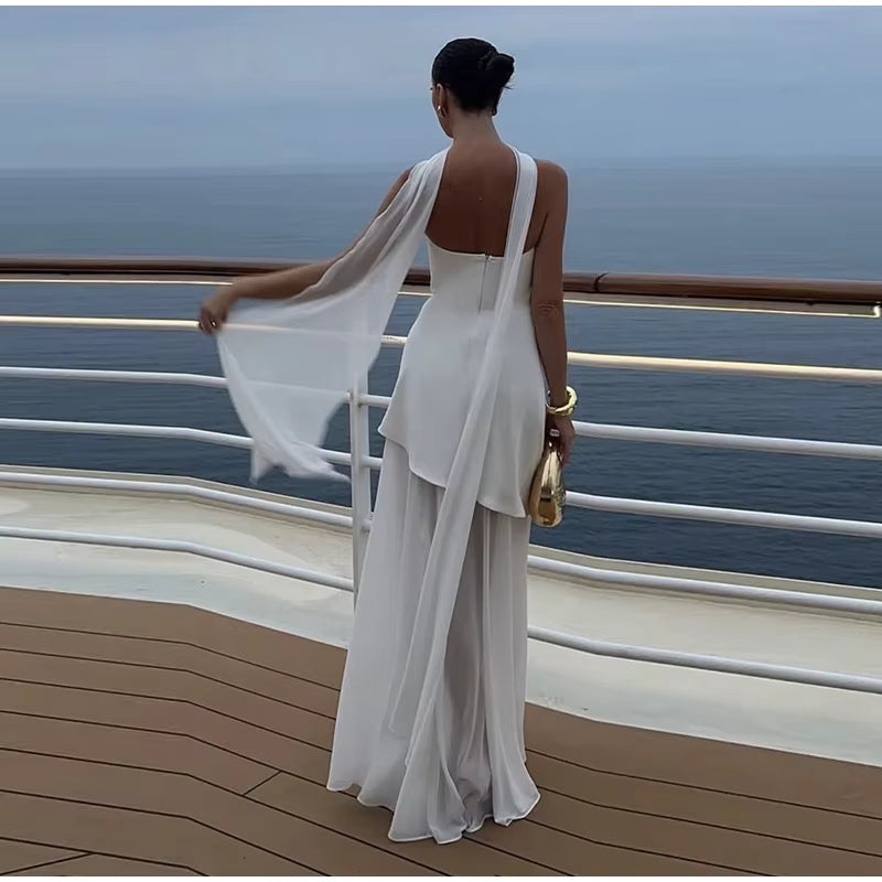 Vestido Longo Feminino Sem Alças com Retalhos em Malha e Fenda – Primavera 2026