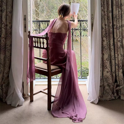 Vestido Longo Feminino Sem Alças com Retalhos em Malha e Fenda – Primavera 2026