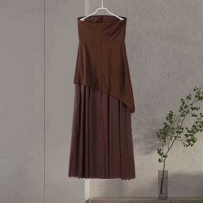 Vestido Longo Feminino Sem Alças com Retalhos em Malha e Fenda – Primavera 2026