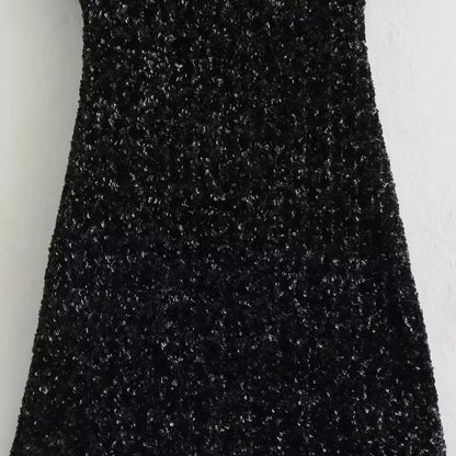 Vestido Mini de Lantejoulas Elegante com Decote ao Pescoço e Ombreiras