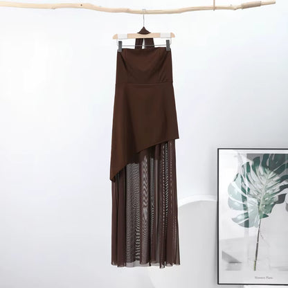 Vestido Longo Feminino Sem Alças com Retalhos em Malha e Fenda – Primavera 2026