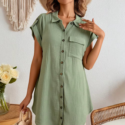 Vestido Curto Casual de Verão com Colarinho de Camisa e Botões Frontais