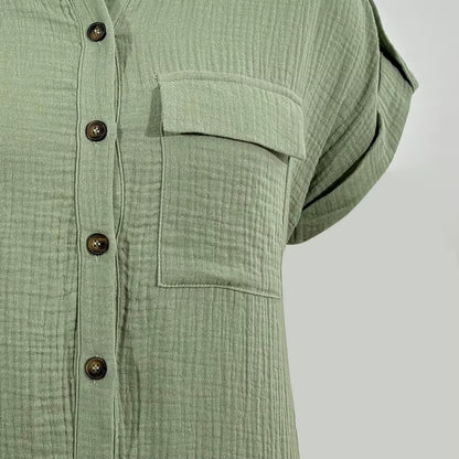 Vestido Curto Casual de Verão com Colarinho de Camisa e Botões Frontais