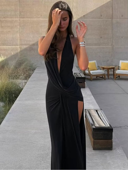 Vestido Longo com Fenda Alta e Decote em V – Elegância Sensual para Festas de Verão