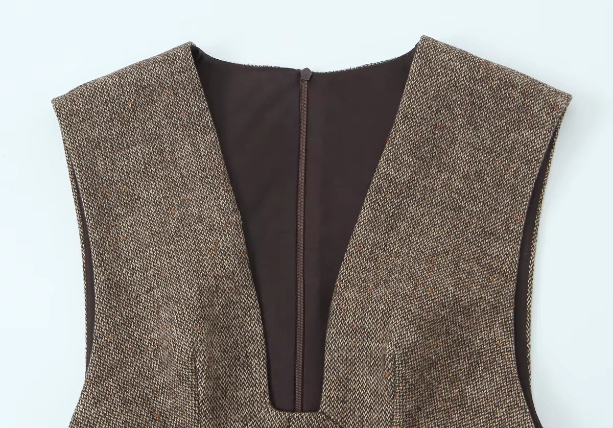 Vestido Mini Elegante sem Mangas com Decote em V Profundo – Sofisticação Sensual para Outono/Inverno