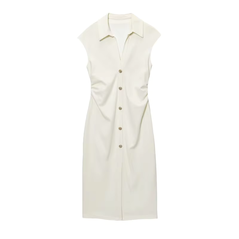 Vestido Camiseiro de Verão Slim Fit – Sofisticação Moderna com Botões Dourados